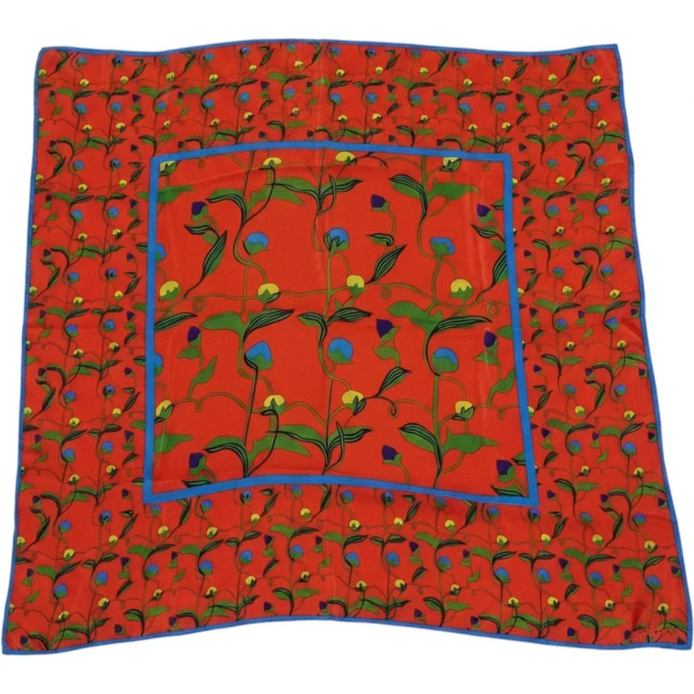 Marja Kurki Womens Silk Scarf 35x35 Orange Blue Floral Botanical Artsy Statement